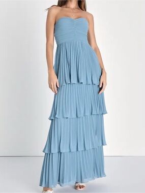 Strapless Pleated light blue Maxi Dress